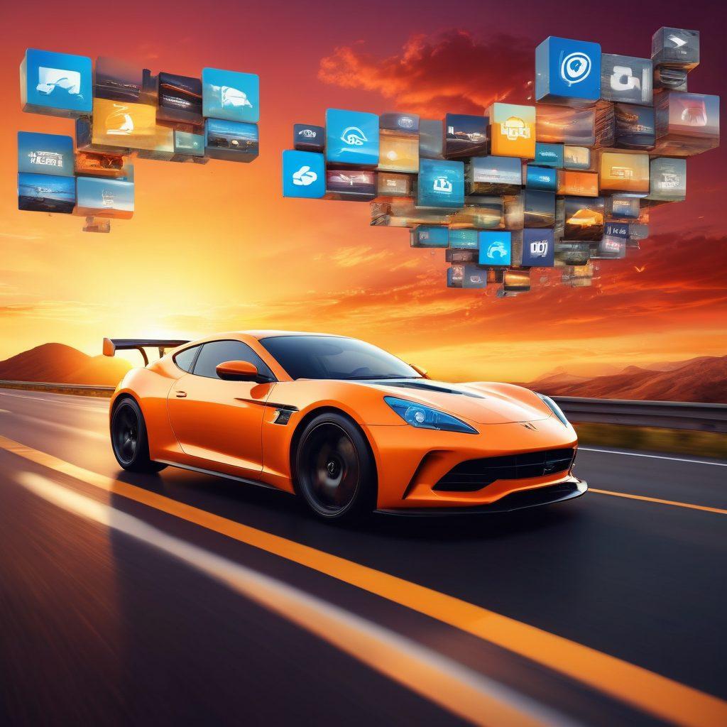 A stunning digital collage showcasing vibrant auto blogging elements, including a sleek car racing down a digital highway made of content blocks and social media icons, with engaging visuals like charts and graphs rising in the background. The scene is illuminated by a sunset glow, exuding energy and creativity. super-realistic. vibrant colors. 3D.