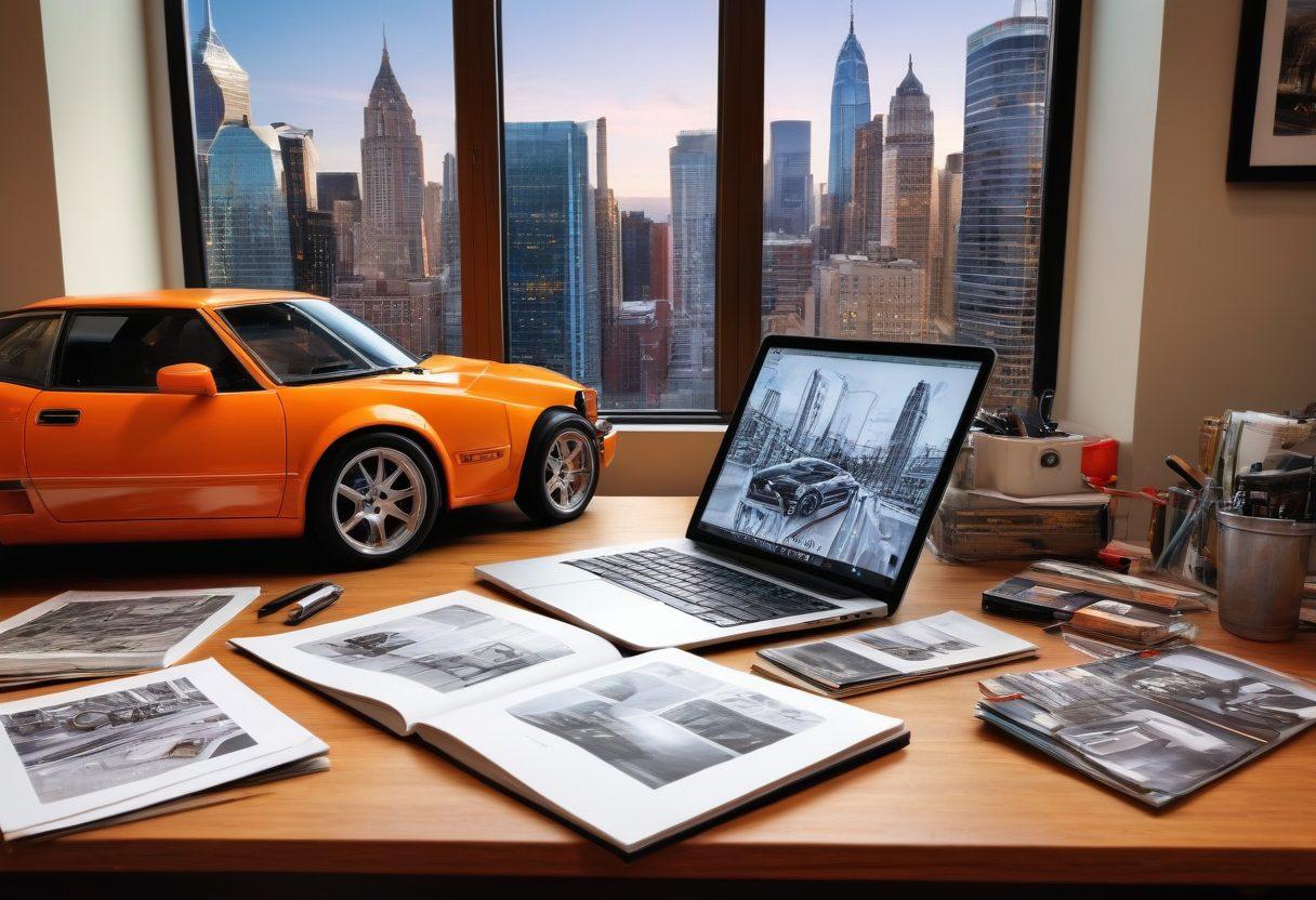 An artistic representation of a car enthusiast working at a desk cluttered with automotive magazines, sketches of cars, and a laptop displaying a beautifully crafted blog layout. The background includes framed photos of iconic cars and a vibrant city skyline through a window, symbolizing the journey from a simple idea to online fame. Emphasize creative elements and a blend of personal touches in the workspace. super-realistic. vibrant colors. 3D.