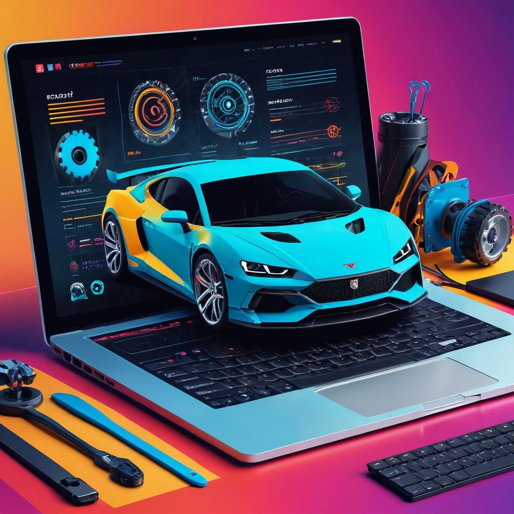 A sleek, modern automotive blog interface displayed on a high-tech laptop, surrounded by car parts and tools, while an abstract racetrack design flows in the background. Incorporate vibrant colors and dynamic lines to evoke speed and innovation, showcasing a smartphone displaying responsive web design techniques. Add elements like gears and digital screens to emphasize the tech aspect. vector art. vibrant colors. dynamic composition.